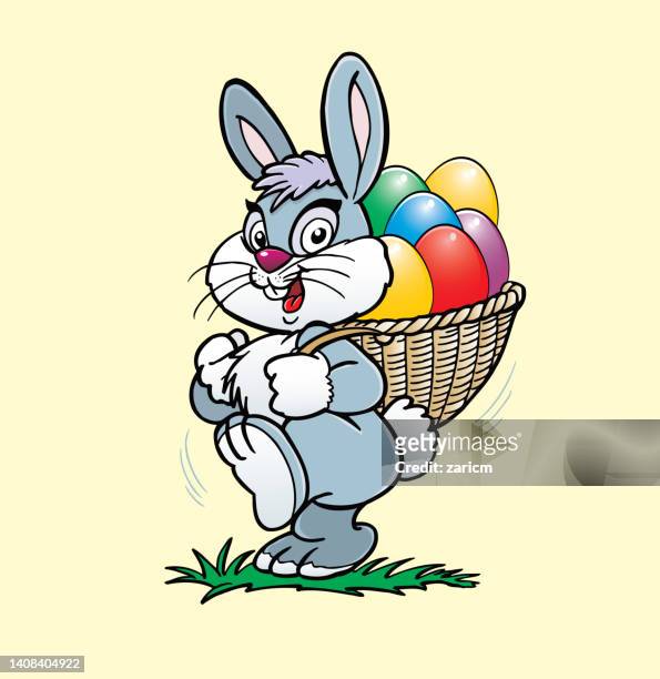 easter bunny with a basket of eggs on his back - easter bunny illustration stock illustrations