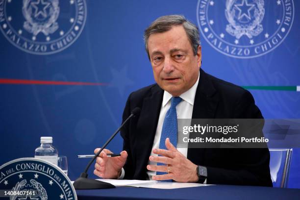 Italian Prime Minister Mario Draghi during the press conference at the Multifunctional Hall of the Prime Minister on July 12, 2022 in Rome, Italy.