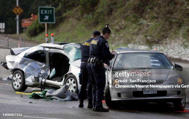 Two passengers riding in the car on the left were killed in the accident which occurred at around 2:30 a.m. A Highway Patrol investigation team...