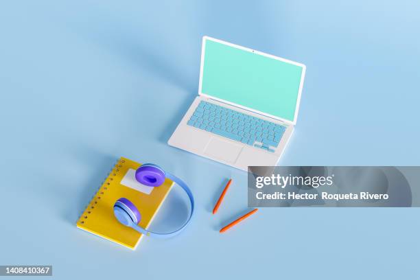 computer generated image of white laptop with yellow notebook and blue music headphones on blue background, back to school concept, 3d - using computer stock illustrations foto e immagini stock