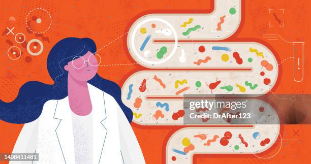 bad bacteria gut under inspection - unhealthy living stock illustrations