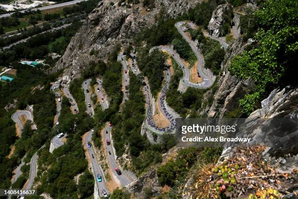 General view of the peloton climbing the Lacets de Montvernier during the 109th Tour de France 2022, Stage 11 a 151,7km stage from Albertville to Col...