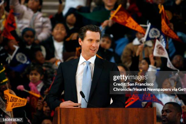 Mayor Gavin Newsom speaks to a crowd gathered for a kick-off ceremony of Black History Month at City Hall in San Francisco, Calif. On Friday, Feb. 2,...