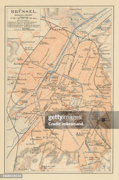 old chromolithograph map of brussels, officially the brussels-capital region, region of belgium comprising 19 municipalities, including the city of brussels, which is the capital of belgium - panorama brussels stock pictures, royalty-free photos & images