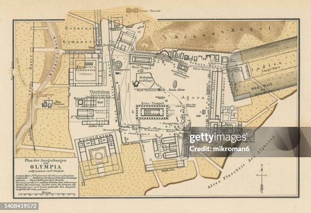 old chromolithograph plan of the excavations of olimpia, small town in elis on the peloponnese peninsula in greece - ancient olympia greece stock pictures, royalty-free photos & images