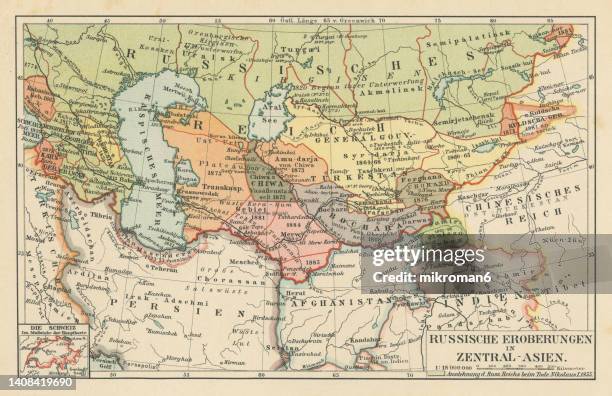 old chromolithograph map of russian conquests in central asia - ásia central imagens e fotografias de stock