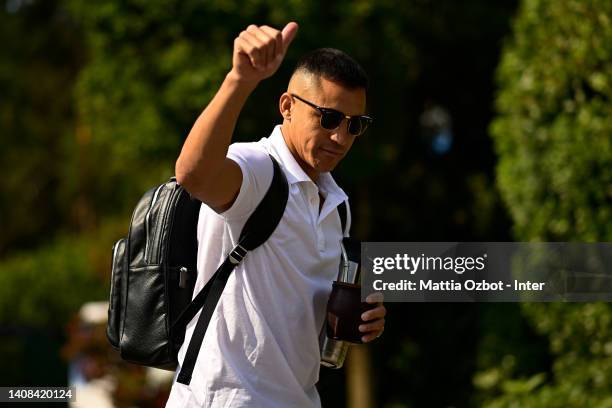 Alexis Sanchez of FC Internazionale looks on during the FC Internazionale training session at the club's training ground Suning Training Center on...