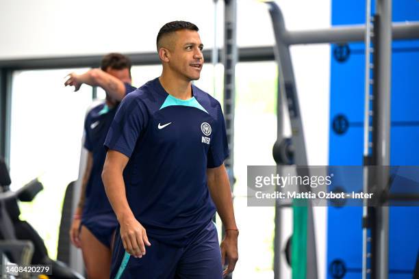 Alexis Sanchez of FC Internazionale looks on during the FC Internazionale training session at the club's training ground Suning Training Center on...