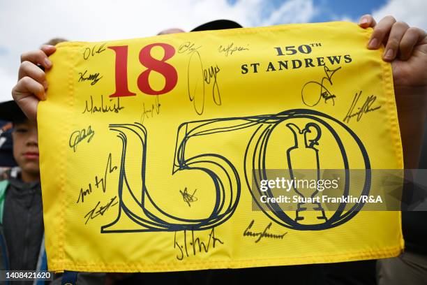 Detail view of a 150th Open flag, signed with autographs of players during a practice round prior to The 150th Open at St Andrews Old Course on July...