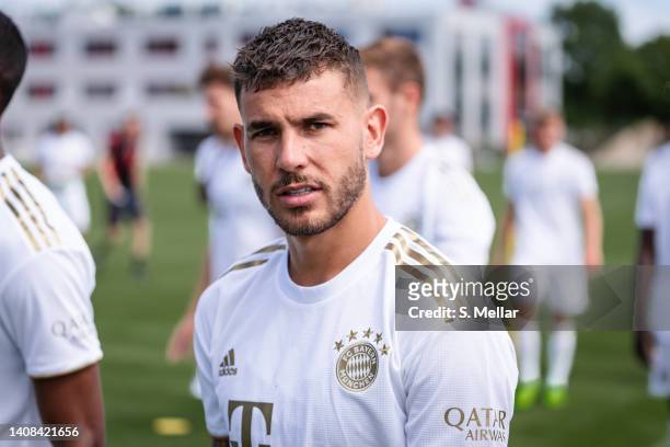 Lucas Hernandez of FC Bayern Muenchen during a training session of FC Bayern München at Saebener Strasse training ground on July 13, 2022 in Munich,...