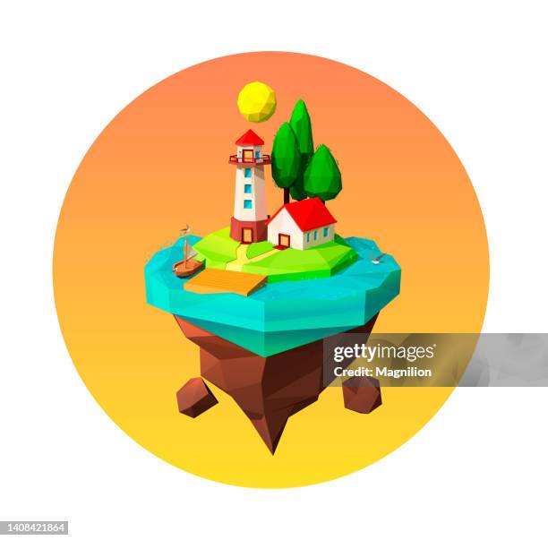 flying island with a lighthouse, trees, sun - lighthouse abstract stock illustrations