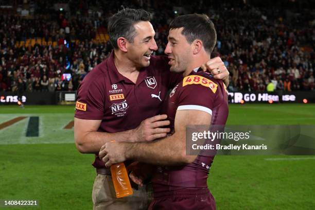 Billy Slater head coach of the Maroons and Ben Hunt of the Maroons celebrate victory during game three of the State of Origin Series between the...