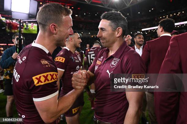 Billy Slater head coach of the Maroons and Daly Cherry-Evans of the Maroons celebrate victory during game three of the State of Origin Series between...
