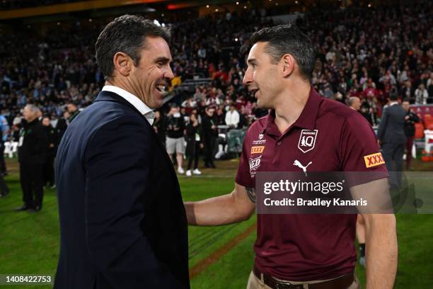 Billy Slater head coach of the Maroons and Brad Fittler head coach of the Blues shake hands during game three of the State of Origin Series between...