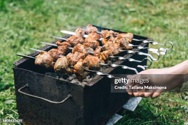 shish kebab of meat on skewers is fried on the grill, green background - shish kebab stock pictures, royalty-free photos & images
