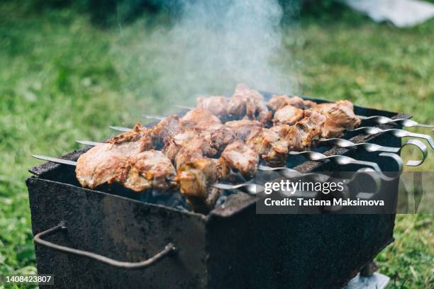 shish kebab of meat on skewers is fried on the grill, green background - schaschlik stock-fotos und bilder