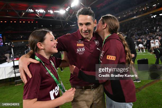 Billy Slater head coach of the Maroons celebrates victory with his family during game three of the State of Origin Series between the Queensland...