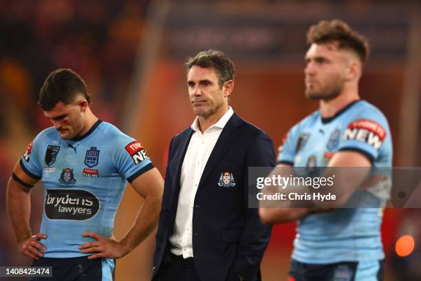 Blues coach Brad Fittler looks on after game three of the State of Origin Series between the Queensland Maroons and the New South Wales Blues at...