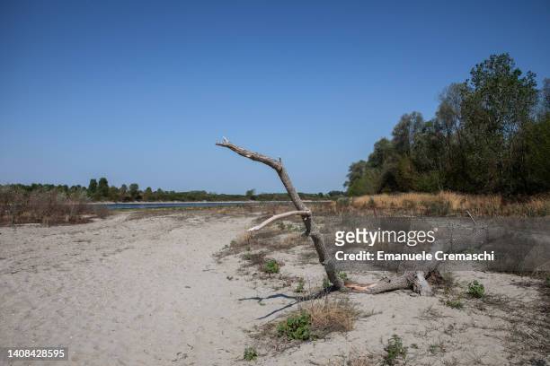 General view of the dry riverbed at the confluence between Po and Ticino rivers, next to Ponte Della Becca , on July 13, 2022 in Linarolo, near...