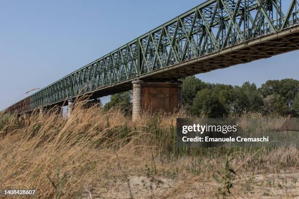 General view of the dry riverbed at the confluence between Po and Ticino rivers, next to Ponte Della Becca , on July 13, 2022 in Linarolo, near...