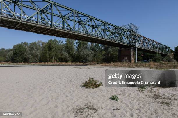 General view of the dry riverbed at the confluence between Po and Ticino rivers, next to Ponte Della Becca , on July 13, 2022 in Linarolo, near...