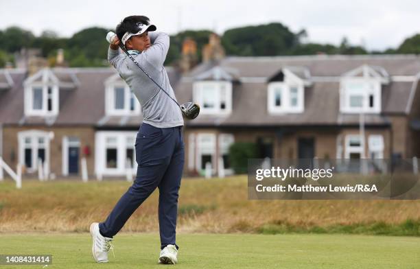 Ratchanon Chantananuwat of Thailand tees off on the 2nd hole during Day Three of the The Junior Open Championship at Monifieth on July 13, 2022 in...