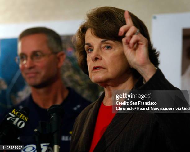 Sen. Dianne Feinstein speaks at a news conference after she was briefed on the progress of the oil spill clean-up efforts by Coast Guard Rear Admiral...