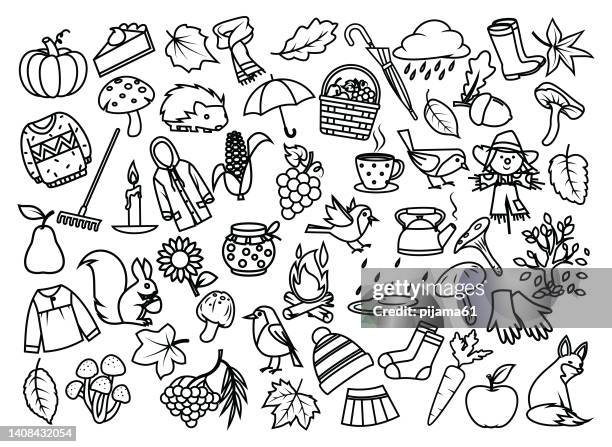 stockillustraties, clipart, cartoons en iconen met black and white, autumn set. - black and white food illustration