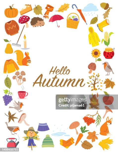template in flat design on white backdrop. autumn background. - apple falling from tree stock illustrations