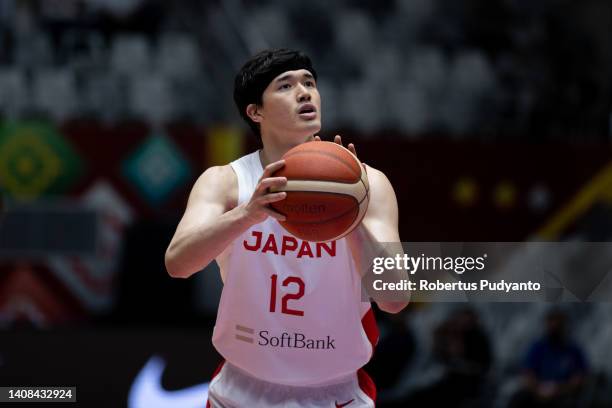 Yuta Watanabe of Japan shoots the ball during the FIBA Asia Cup Group C game between Japan and Kazakhstan at Istora Gelora Bung Karno on July 13,...