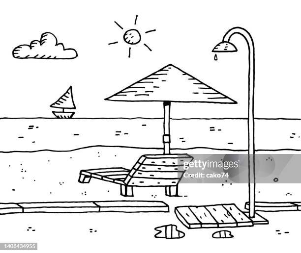 Protetores Solares Guardasol E Ilustrao De Esboo De Chuveiro De Praia, Foto de stock