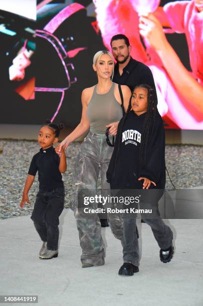 Kim Kardashian with her kids North and Chicago West seen leaving the American Dream Mall and Amusement Park on July 12, 2022 in East Rutherford, New...