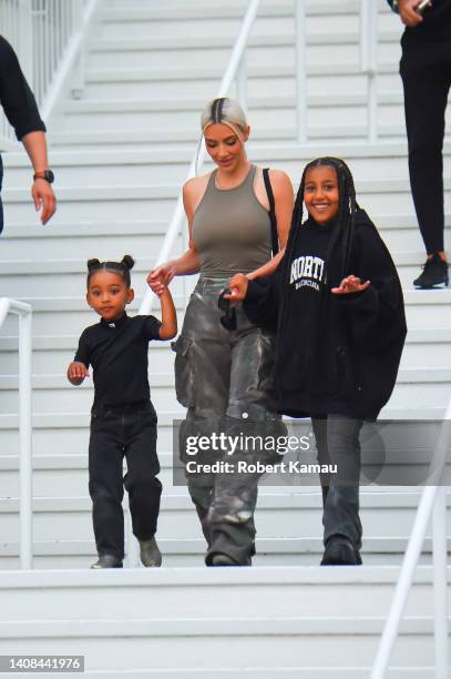 Kim Kardashian with her kids North and Chicago West seen leaving the American Dream Mall and Amusement Park on July 12, 2022 in East Rutherford, New...