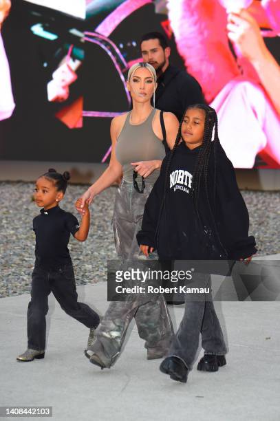 Kim Kardashian with her kids North and Chicago West seen leaving the American Dream Mall and Amusement Park on July 12, 2022 in East Rutherford, New...