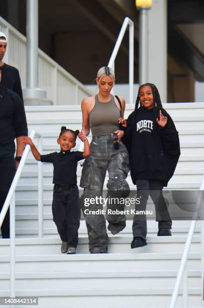 Kim Kardashian with her kids North and Chicago West seen leaving the American Dream Mall and Amusement Park on July 12, 2022 in East Rutherford, New...