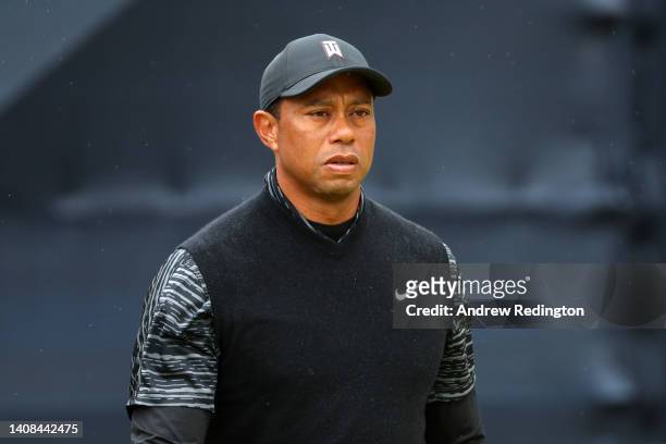 Tiger Woods of The United States looks on during a practice round prior to The 150th Open at St Andrews Old Course on July 13, 2022 in St Andrews,...