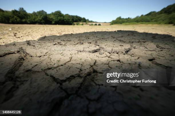 The drying out bed and receded water levels at Lindley Wood Reservoir on July 13, 2022 in Otley, England. A spokesman for Yorkshire Water, the...