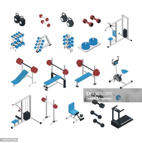 isometrische illustration des fitnessstudios - fitnesseinrichtung stock-grafiken, -clipart, -cartoons und -symbole