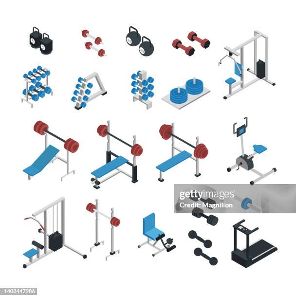 gym isometric illustration - exercise equipment vector stock illustrations