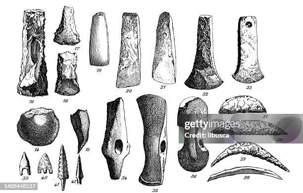 antique engraving illustration, civilization: stone age tools - stone age stock illustrations