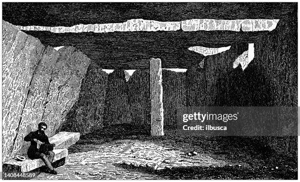 antique engraving illustration, civilization: dolmen de bagneux, saumur - early homo sapiens stock illustrations