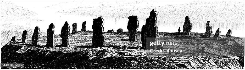 Antique engraving illustration, Civilization: Stones of Stenness, Orkney, Scotland