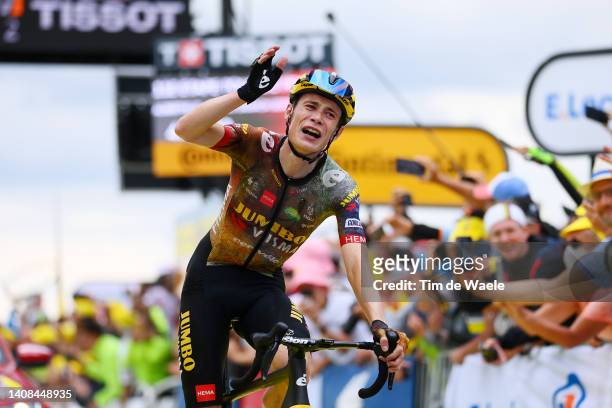 Jonas Vingegaard Rasmussen of Denmark and Team Jumbo - Visma celebrates at finish line as stage winner during the 109th Tour de France 2022, Stage 11...