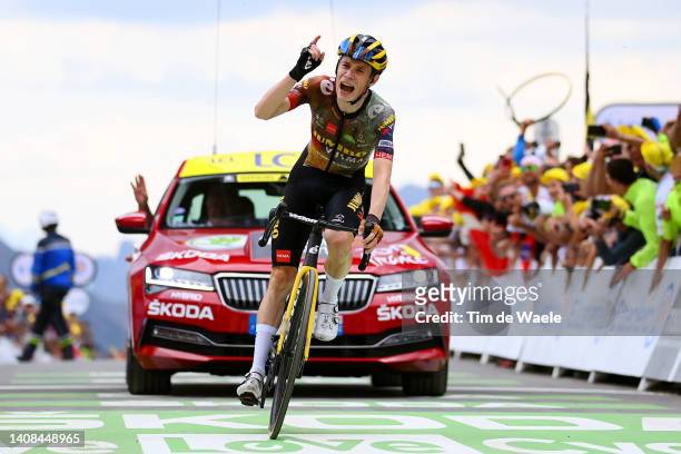 Jonas Vingegaard Rasmussen of Denmark and Team Jumbo - Visma celebrates at finish line as stage winner during the 109th Tour de France 2022, Stage 11...
