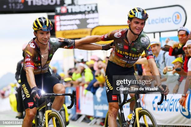Primoz Roglic of Slovenia and Sepp Kuss of United States and Team Jumbo - Visma react celebrating after the 109th Tour de France 2022, Stage 11 a...