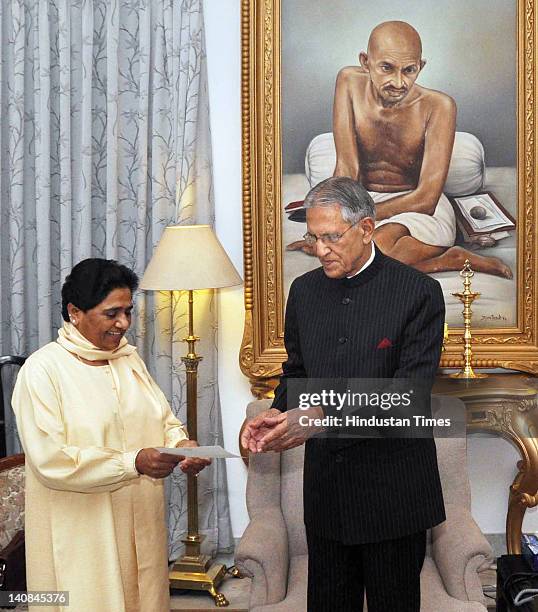 Uttar Pradesh Chief Minister Mayawati presents her resignation to Governor Banwari Lal Joshi at his residence on March 7, 2012 in Lucknow, India....