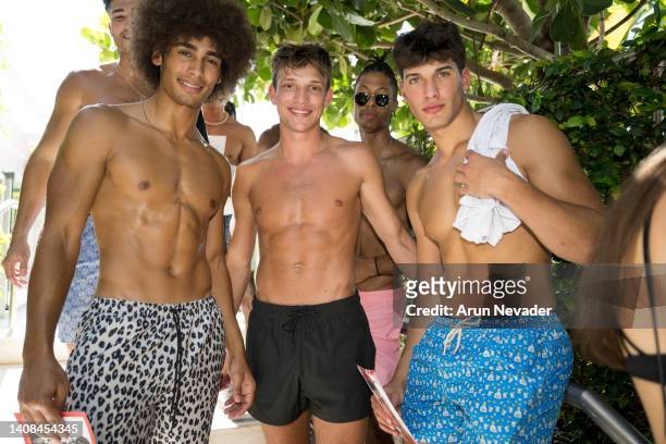 Models pose during the second casting for Miami Swim Powered by Art Hearts Fashion on July 13, 2022 in Miami Beach, Florida.