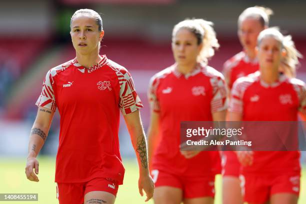 Geraldine Reuteler of Switzerland warms up prior to the UEFA Women's Euro 2022 group C match between Sweden and Switzerland at Bramall Lane on July...