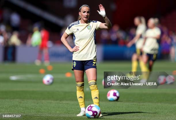 Kosovare Asllani of Sweden warms up prior to the UEFA Women's Euro 2022 group C match between Sweden and Switzerland at Bramall Lane on July 13, 2022...