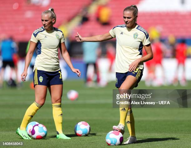 Fridolina Rolfo of Sweden warms up prior to the UEFA Women's Euro 2022 group C match between Sweden and Switzerland at Bramall Lane on July 13, 2022...